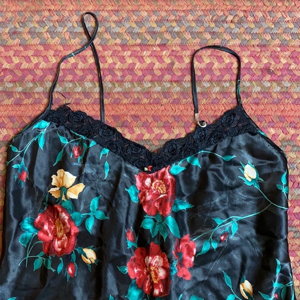 VINTAGE DELICATES BLACK FLORAL SATIN LINGERIE SLIP DRESS - Picture 2 of 5